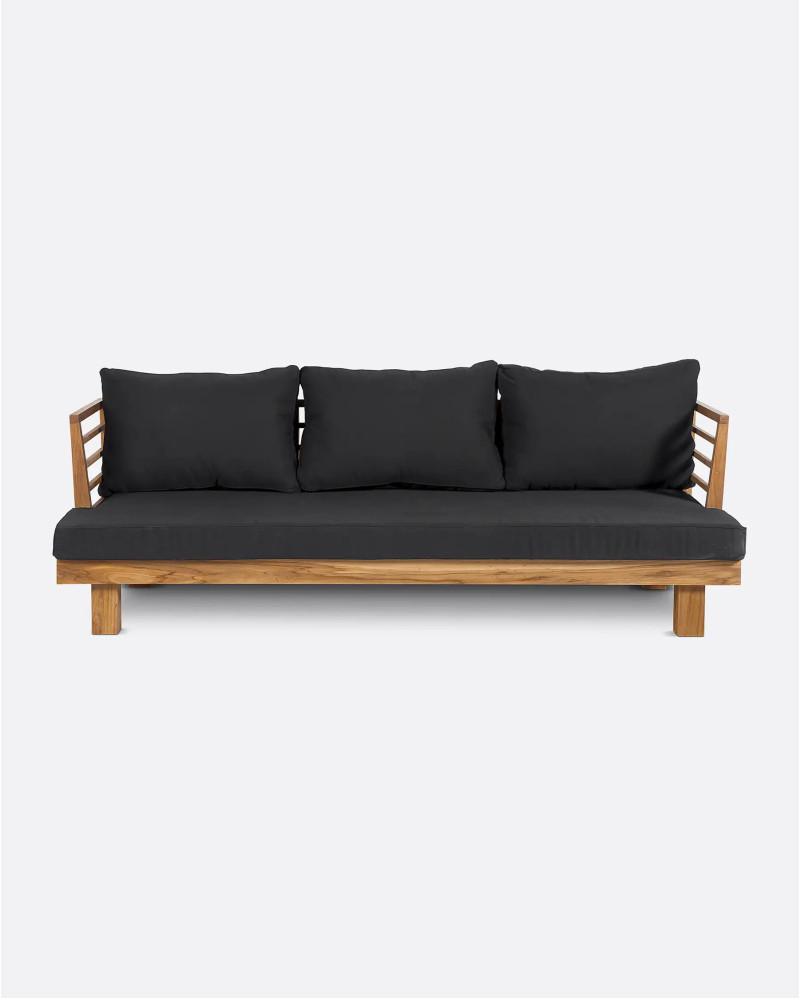 STRAUSS 3-seater outdoor sofa in recycled teak wood and olefin 214 x 84 x 67 cm with black upholstery