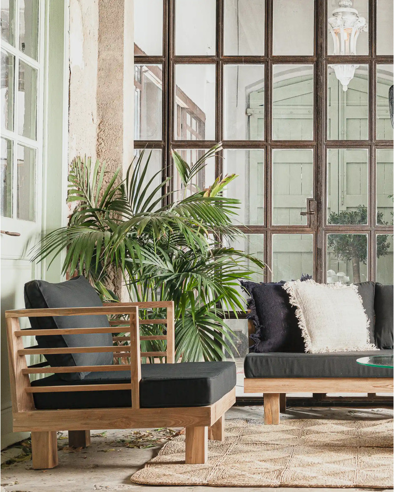 STRAUSS 1-seater outdoor sofa in recycled teak wood and olefin 86 x 84 x 67 cm in black upholstery