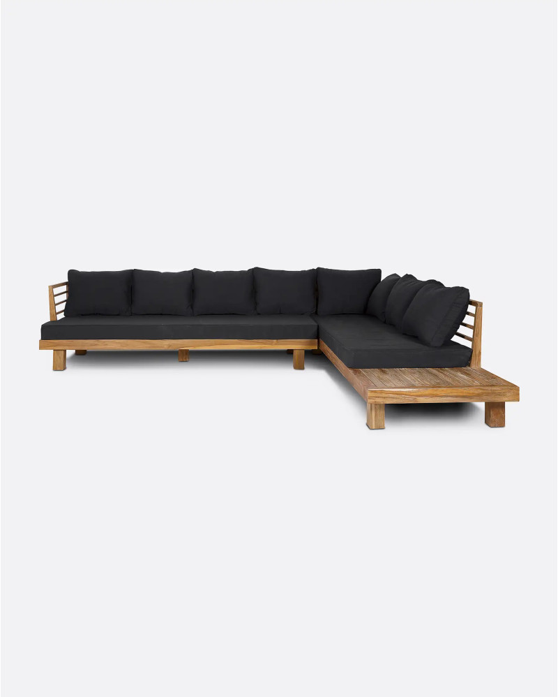 Sofá de exterior STRAUSS 4 plazas rinconero derecho de madera de teca reciclada y olefina 304 x 252 x 67 cm en tapizado negro