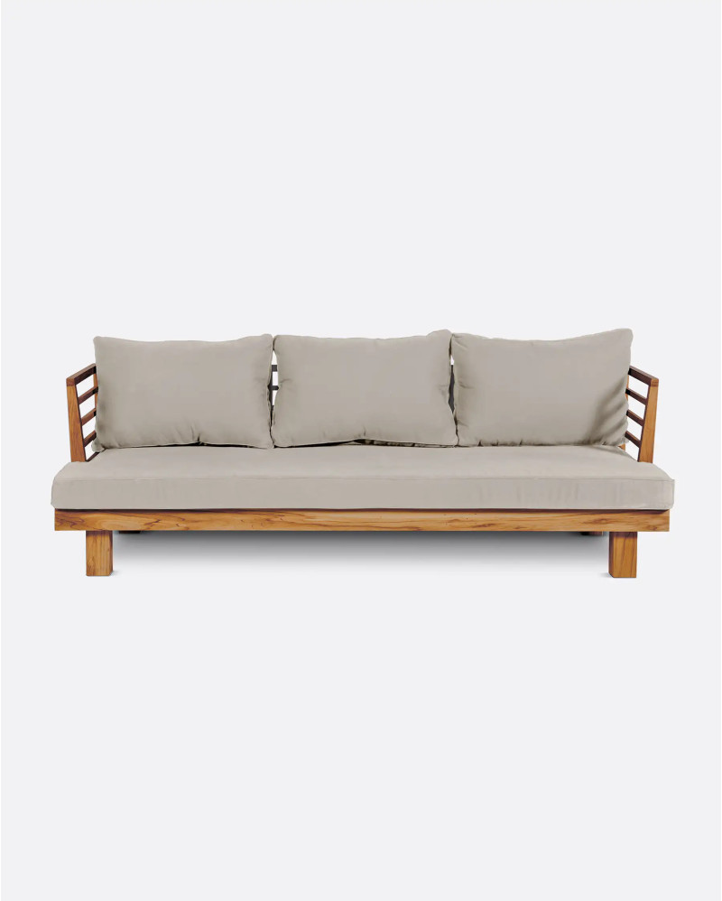 STRAUSS 3-seater outdoor sofa in recycled teak wood and olefin 214 x 84 x 67 cm in natural upholstery