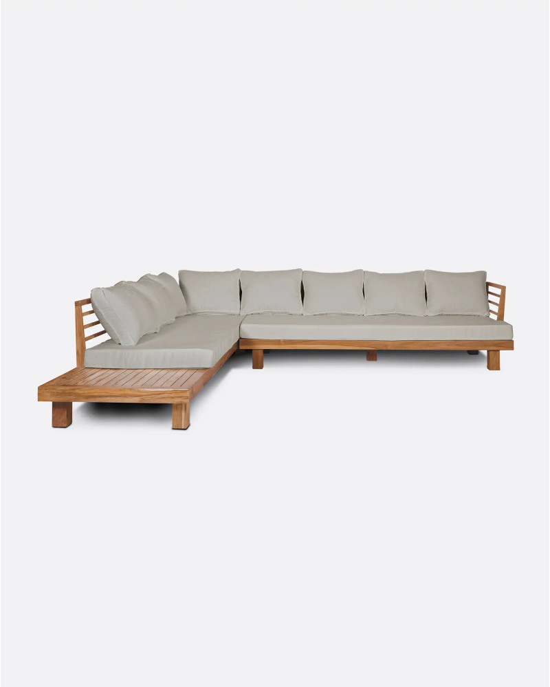 STRAUSS 4-seater left corner outdoor sofa in recycled teak wood and olefin 304 x 252 x 67 cm in natural upholstery