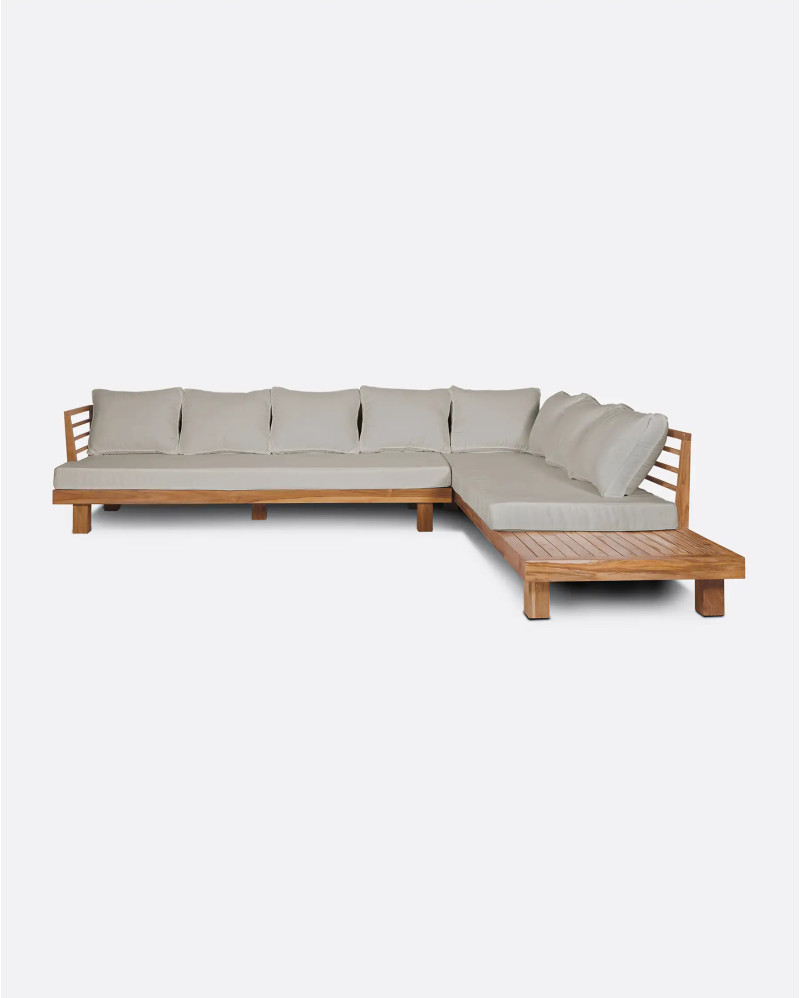 STRAUSS 4-seater right corner outdoor sofa in recycled teak wood and olefin 304 x 252 x 67 cm in natural upholstery