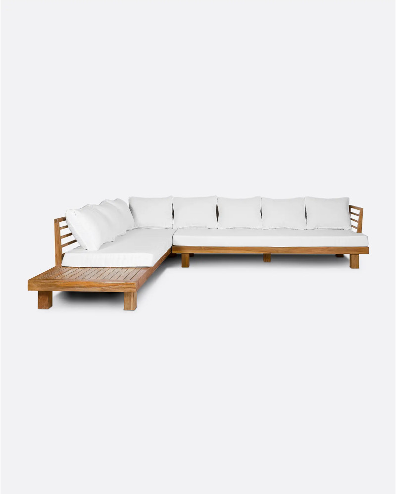 STRAUSS 4-seater left corner outdoor sofa in recycled teak wood and olefin 304 x 252 x 67 cm in white upholstery