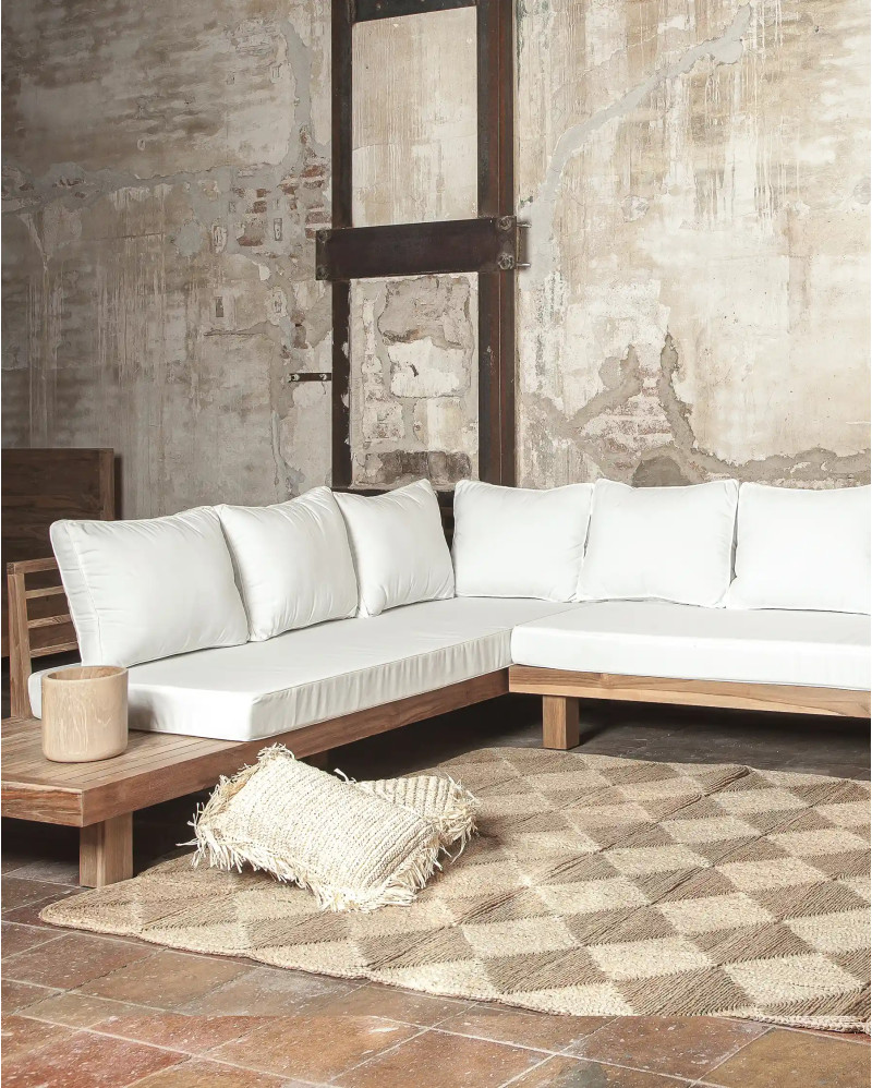 STRAUSS 4-seater left corner outdoor sofa in recycled teak wood and olefin 304 x 252 x 67 cm in white upholstery