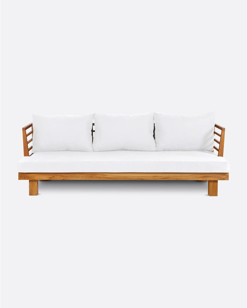 STRAUSS 3-seater outdoor sofa in recycled teak wood and olefin 214 x 84 x 67 cm in white upholstery