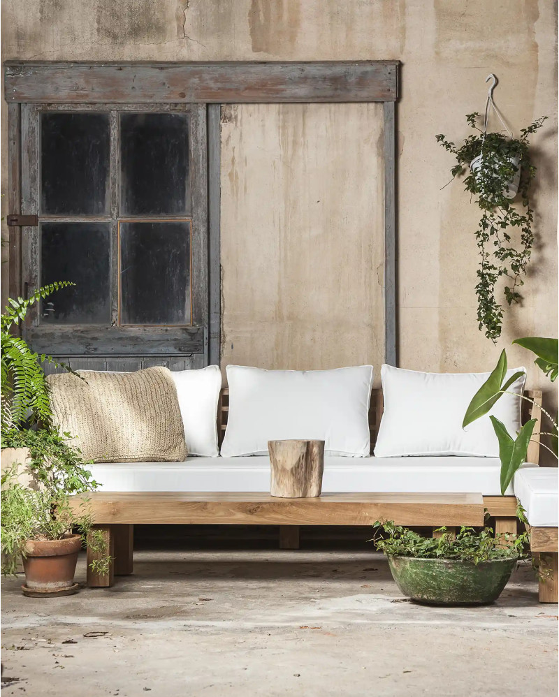 STRAUSS 3-seater outdoor sofa in recycled teak wood and olefin 214 x 84 x 67 cm in white upholstery