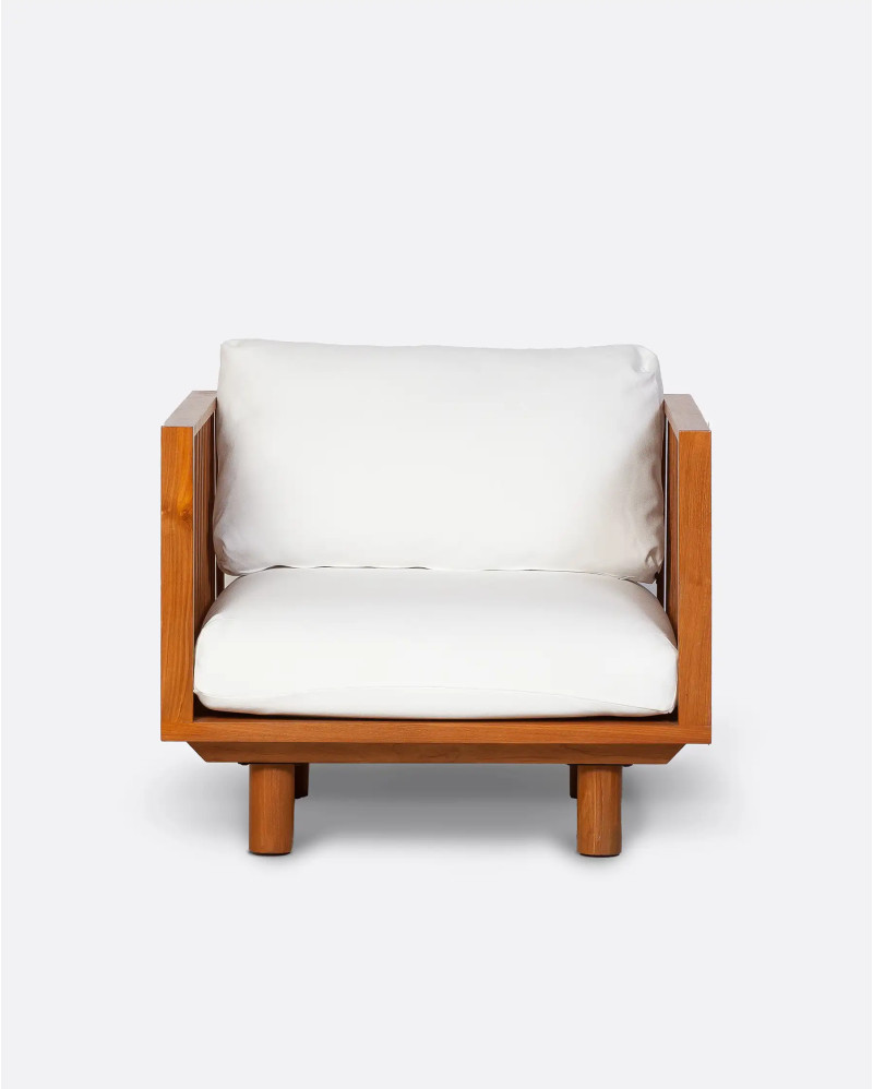 TOPRAK 1-seater outdoor sofa in teak wood and recycled olefin 84 x 82 x 77 cm in white upholstery