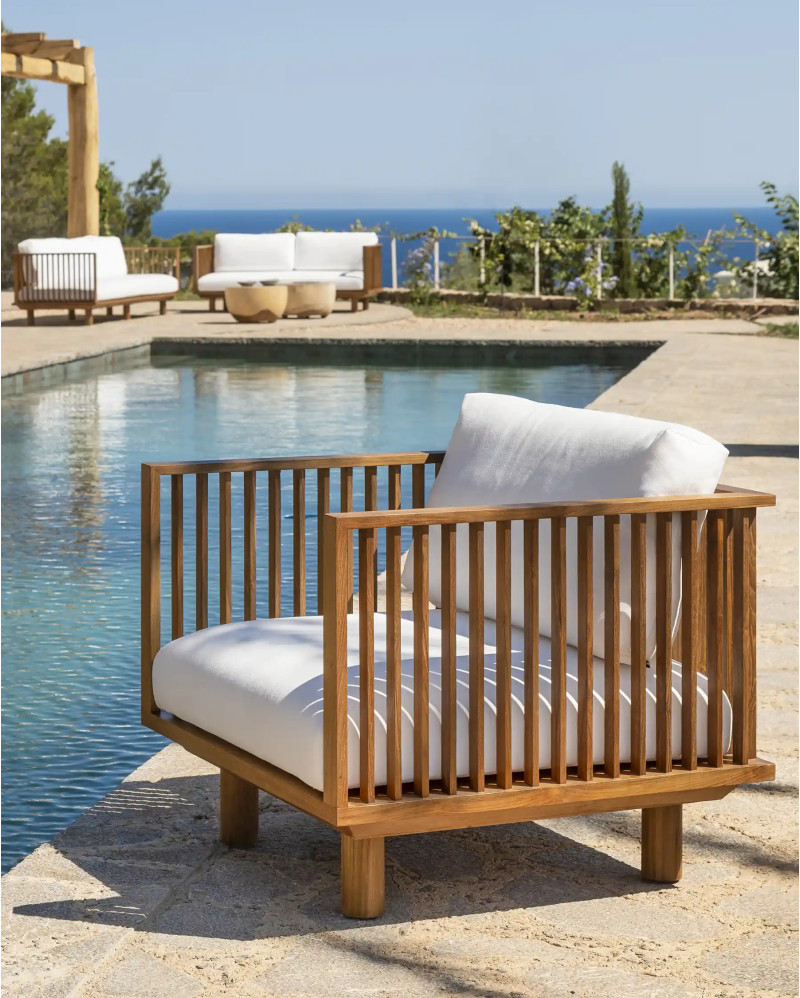 TOPRAK 1-seater outdoor sofa in teak wood and recycled olefin 84 x 82 x 77 cm in white upholstery