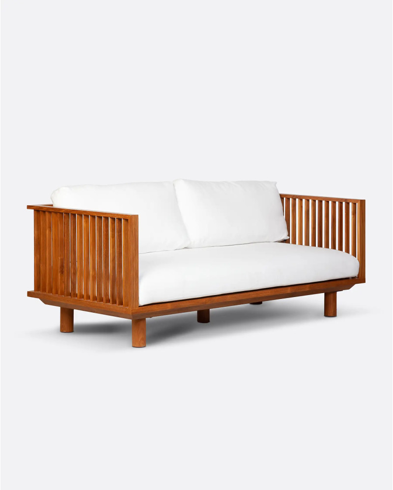 TOPRAK 2-seater outdoor sofa in teak wood and recycled olefin 180 x 82 x 77 cm in white upholstery