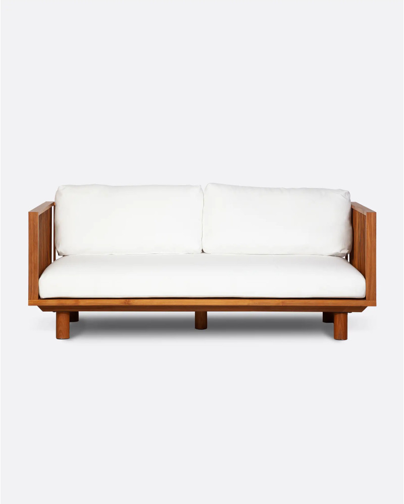 TOPRAK 2-seater outdoor sofa in teak wood and recycled olefin 180 x 82 x 77 cm in white upholstery