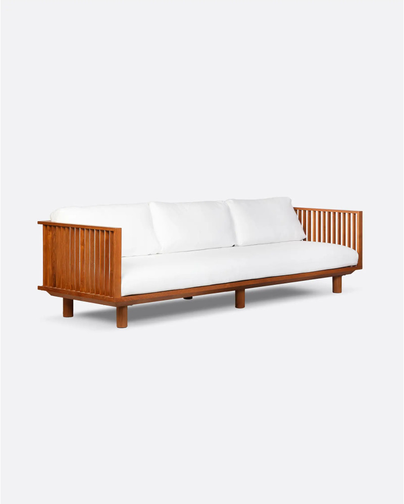 Sofá de exterior TOPRAK 3 plazas de madera de teca y olefina reciclada 260 x 82 x 77 cm en tapizado blanco