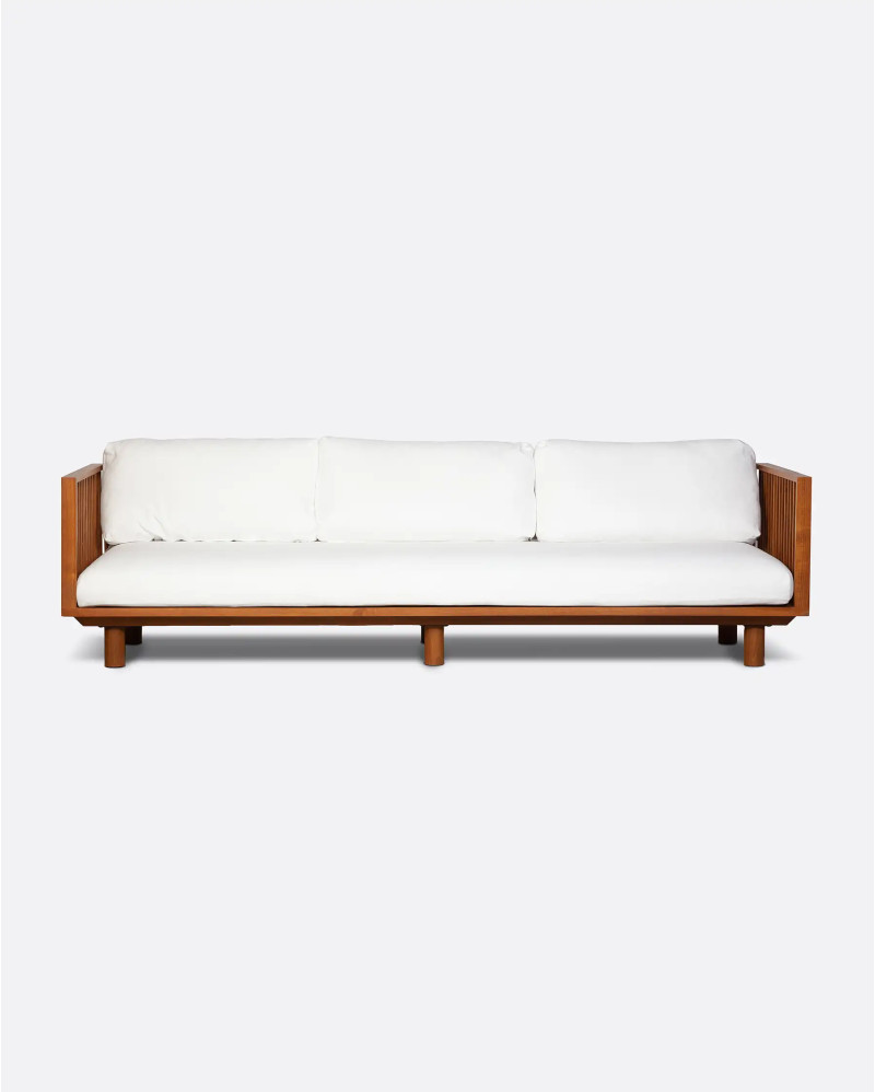 TOPRAK 3-seater outdoor sofa in teak wood and recycled olefin 260 x 82 x 77 cm in white upholstery