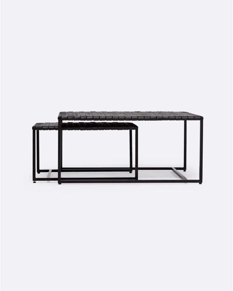 SURABAYA nesting side table in aluminium and leather. Set of two units 77/49 x 76/47 x 36/31 cm