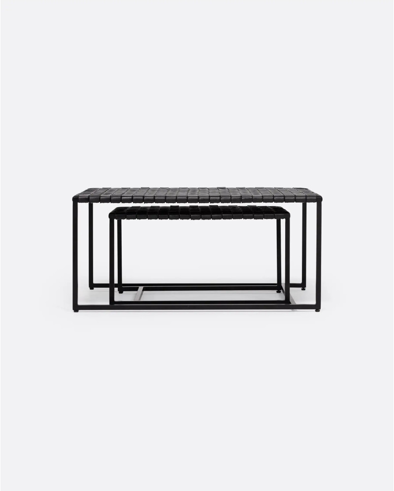 SURABAYA nesting side table in aluminium and leather. Set of two units 77/49 x 76/47 x 36/31 cm