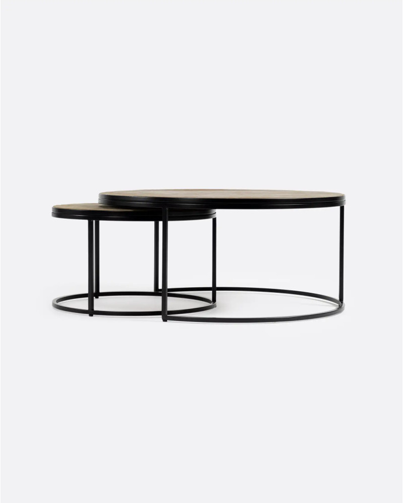 RENGAR nesting side table in iron and leather. Set of two units Ø 90 x 41 cm height and Ø 60 cm x 36 cm height