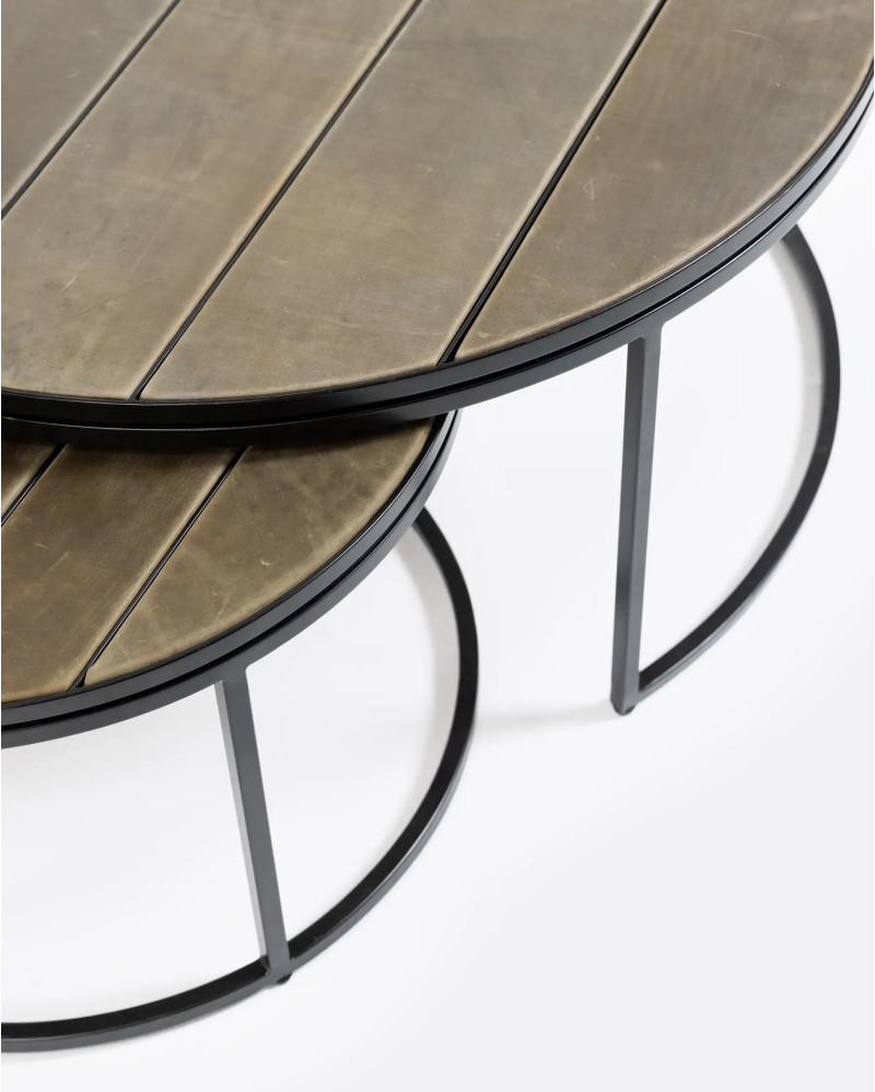 RENGAR nesting side table in iron and leather. Set of two units Ø 90 x 41 cm height and Ø 60 cm x 36 cm height