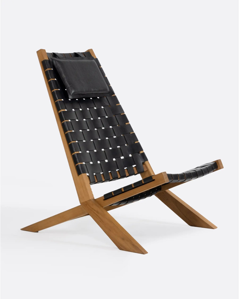 WAGGAI lounge chair in teak wood and leather 66 x 85 x 93 cm