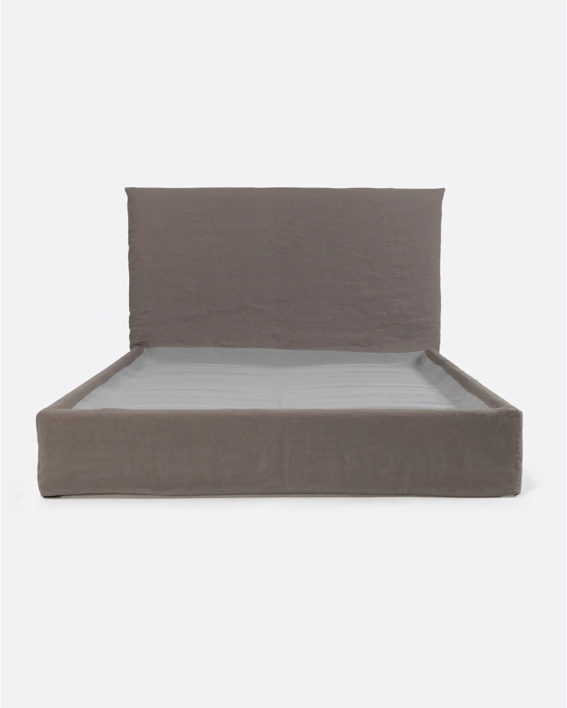 Lit BEETHOVEN avec cadre en bois rembourré 170 x 220 x 120 cm pour matelas 160 x 200 cm et housse de lin de couleur taupe