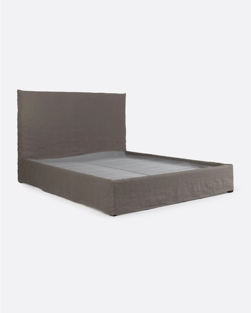 Lit BEETHOVEN avec cadre en bois rembourré 170 x 220 x 120 cm pour matelas 160 x 200 cm et housse de lin de couleur taupe