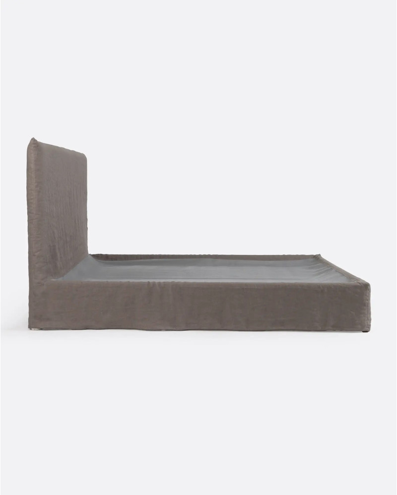 BEETHOVEN bed with upholstered wooden frame 170 x 220 x 120 cm for mattress 160 x 200 cm and linen cover in taupe colour