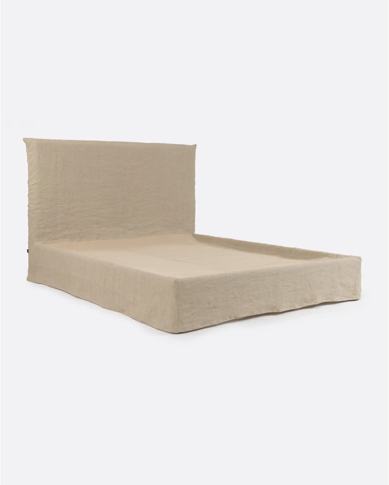 Lit BEETHOVEN avec structure en bois rembourrée 170 x 220 x 120 cm pour matelas 160 x 200 cm et housse en lin de couleur nature