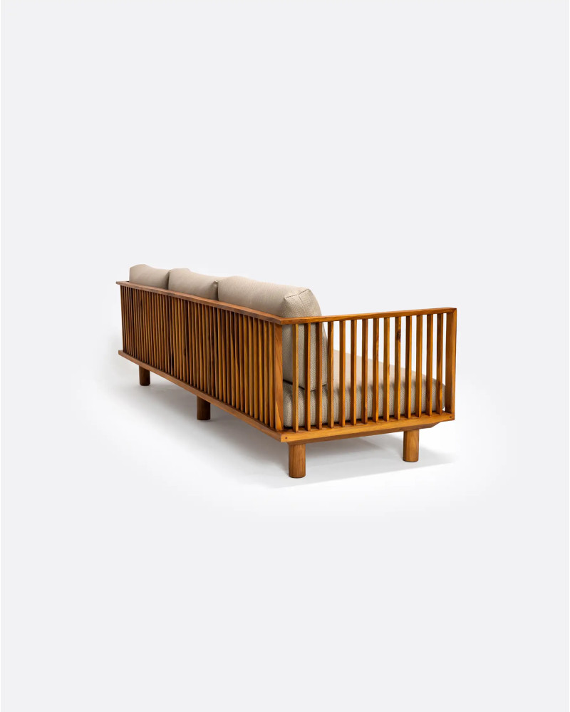 Sofá de exterior TOPRAK 3 plazas de madera de teca y olefina reciclada 260 x 82 x 77 cm en tapizado natural