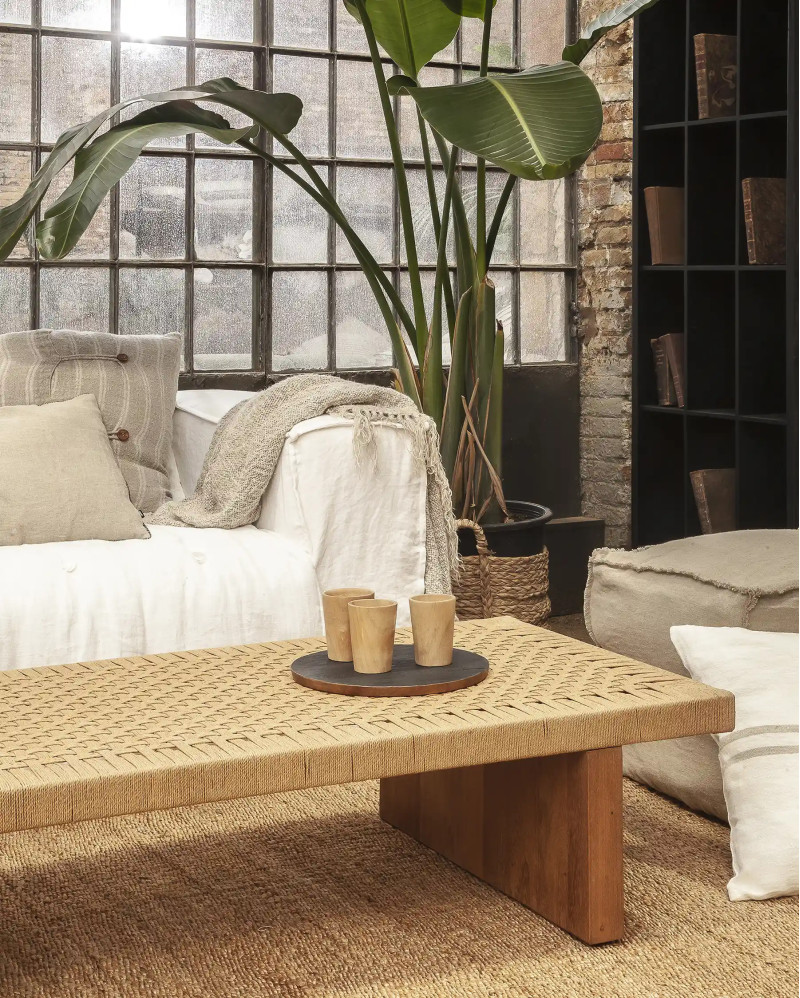 CORA coffee table in recycled teak wood and paper cord 150 x 70 x 35 cm