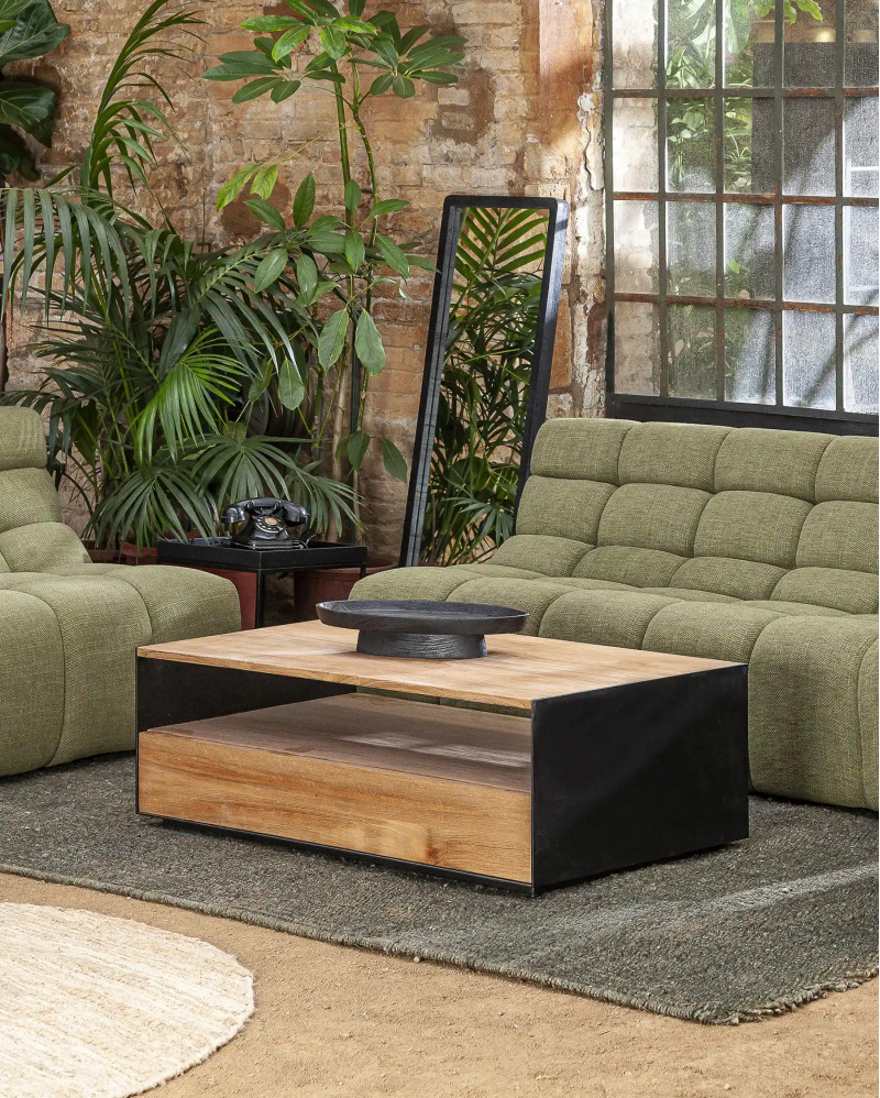 Mesa de centro GEOX de madera de teca reciclada y hierro 120 x 70 x 40 cm