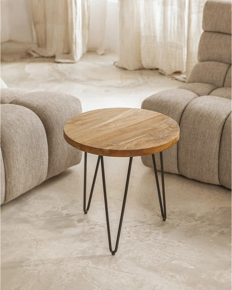 RODA side table in recycled teak wood and iron Ø 50 cm x 50 cm high