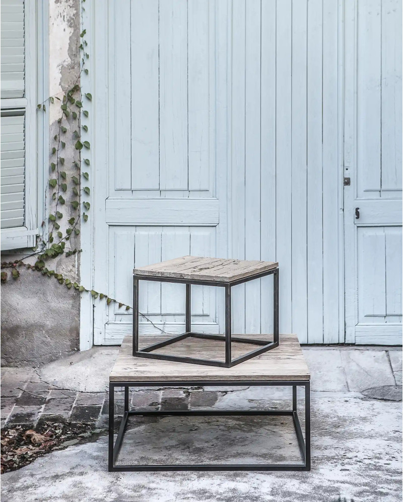 CUB side table in recycled teak wood and iron 50 x 50 x 40 cm