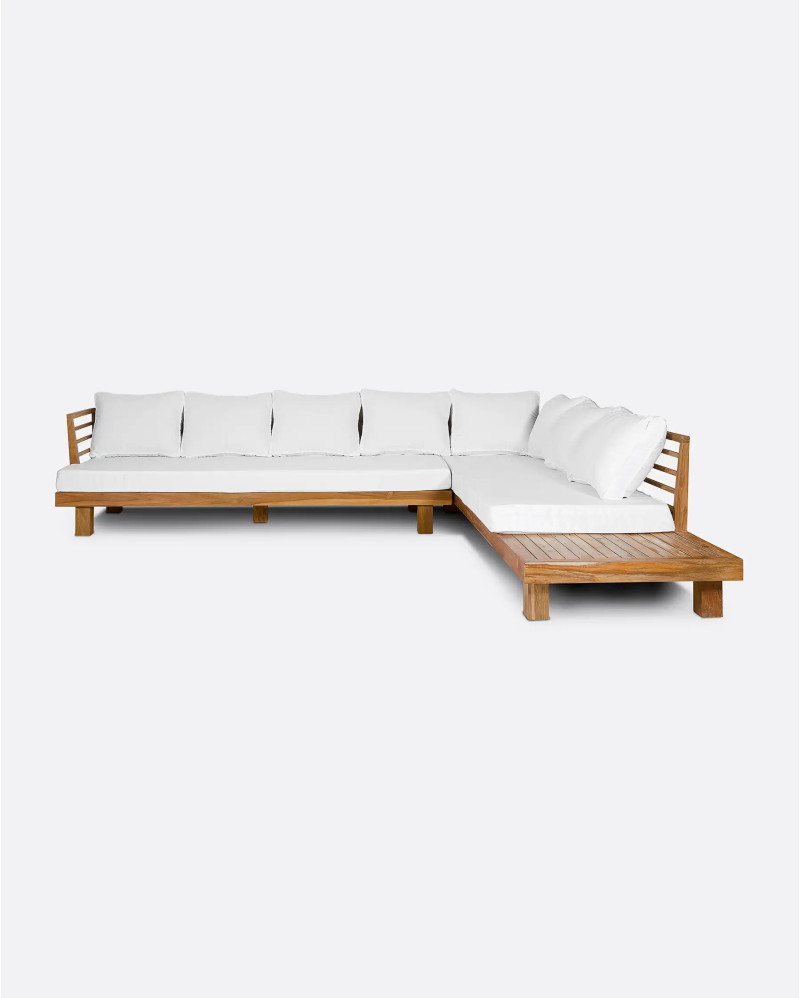 STRAUSS 4-seater outdoor sofa right corner in recycled teak and olefin wood 304 x 252 x 67 cm in white upholstery