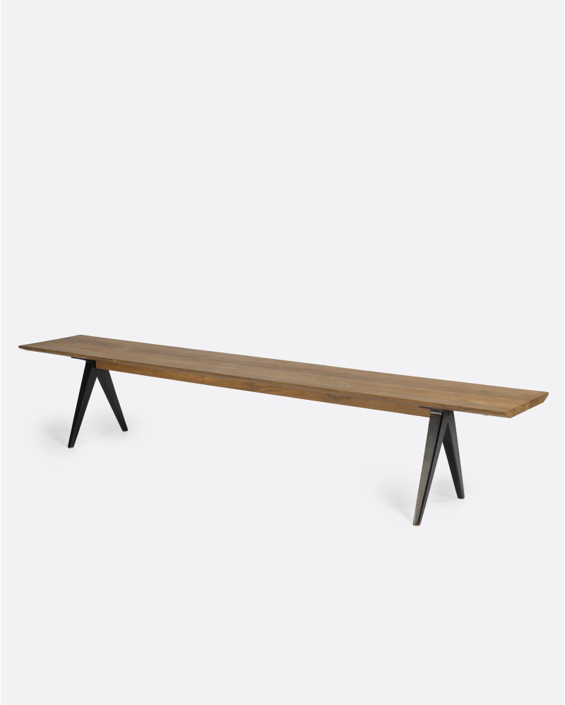 LIKU bench in recycled teak wood and iron 250 x 40 x 45 cm in natural colour