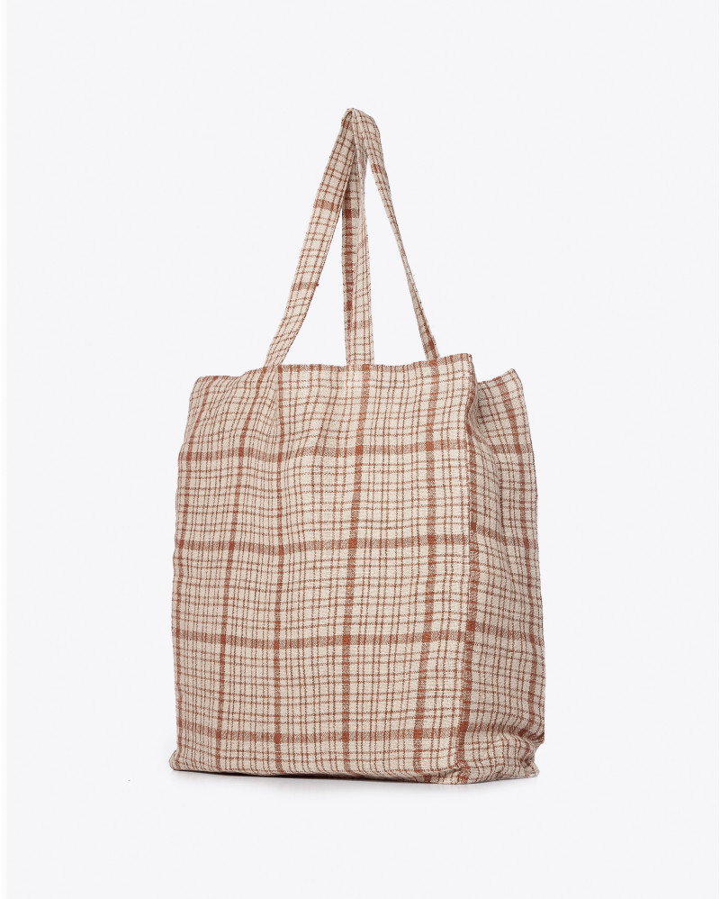 Sac fourre-tout GADELA en lin 40 x 40 x 10 cm en couleur naturelle avec des rayures brunes et blanches