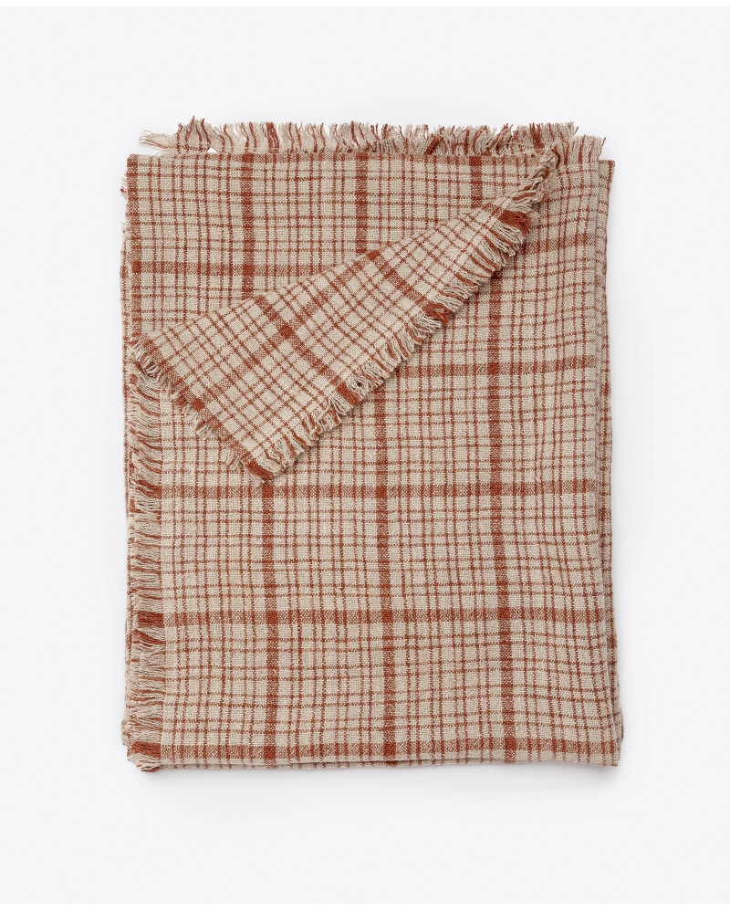 Plaid GADELA de lino 170 x 130 cm en color natural con rayas marrones y blancas