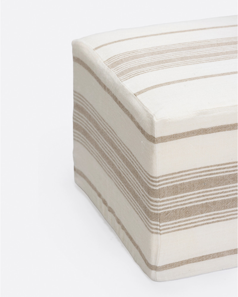 ZIP pouffe with linen cover 60 x 60 x 40 cm in white with natural stripes