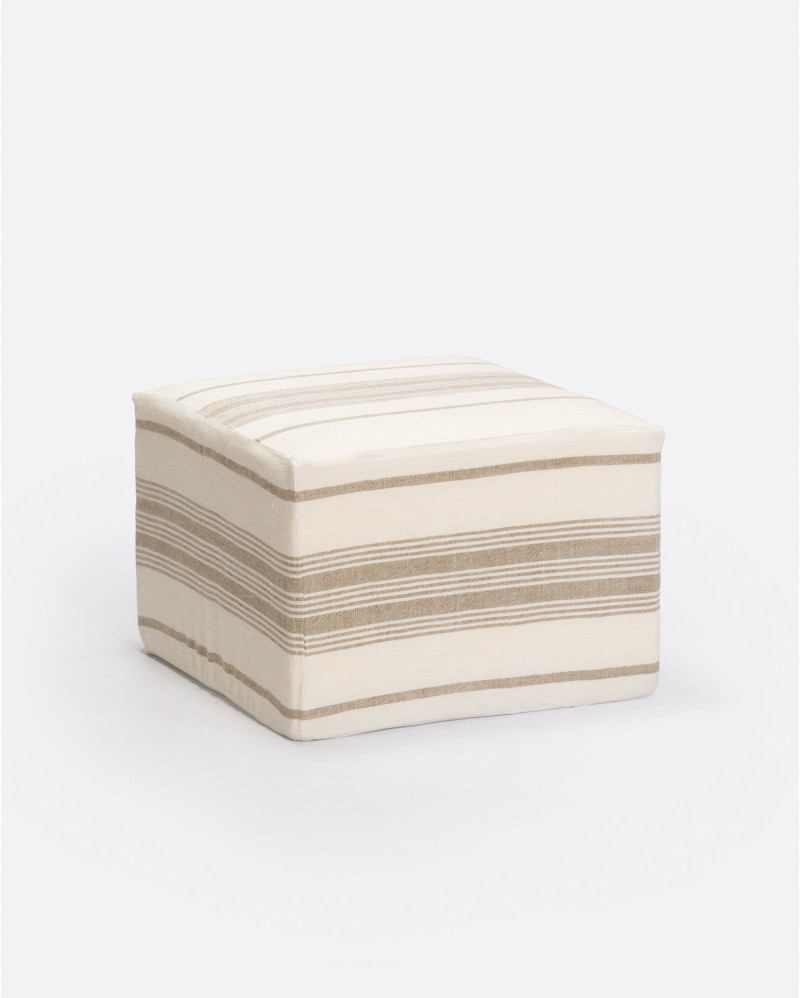 ZIP pouffe with linen cover 60 x 60 x 40 cm in white with natural stripes