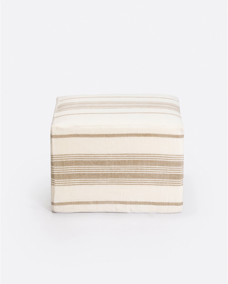 ZIP pouffe with linen cover 60 x 60 x 40 cm in white with natural stripes