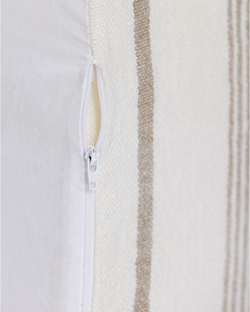 Puf ZIP con funda de lino 60 x 60 x 40 cm en color blanco con rayas naturales