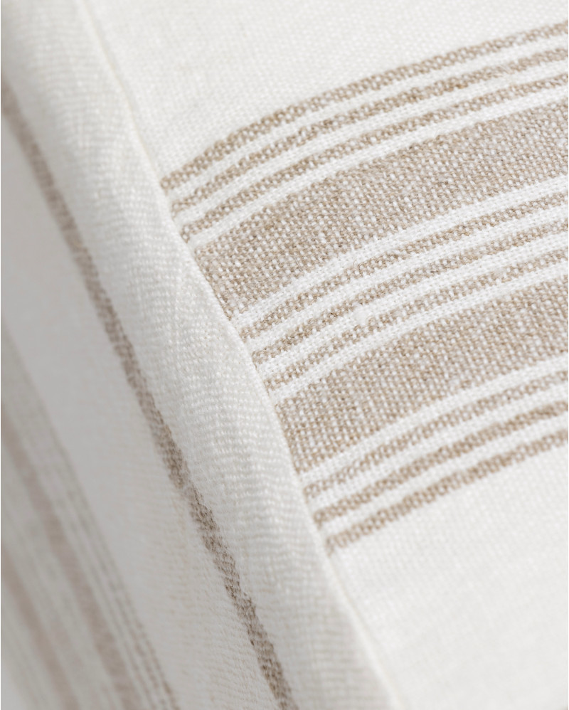 ZIP pouffe with linen cover 60 x 60 x 40 cm in white with natural stripes