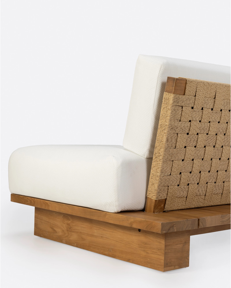 CORA 4-seater outdoor sofa in teak wood and synthetic rope 240 x 100 x 72 cm in natural colour and white textile