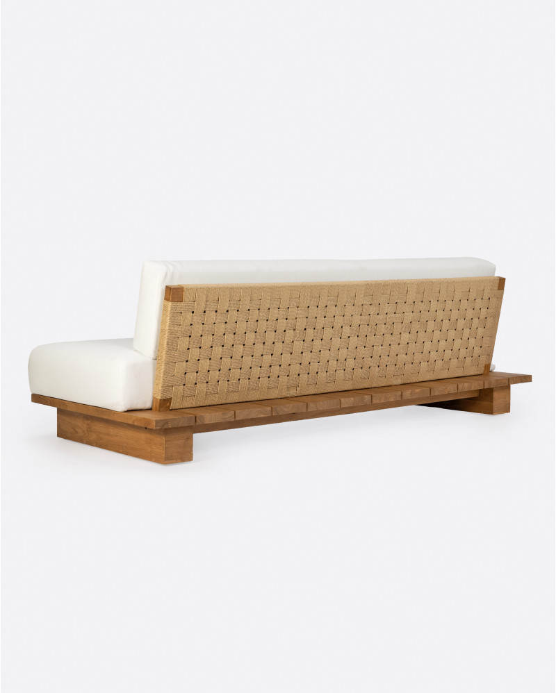 CORA 4-seater outdoor sofa in teak wood and synthetic rope 240 x 100 x 72 cm in natural colour and white textile