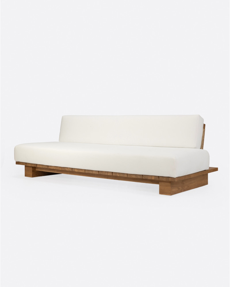 CORA 4-seater outdoor sofa in teak wood and synthetic rope 240 x 100 x 72 cm in natural colour and white textile