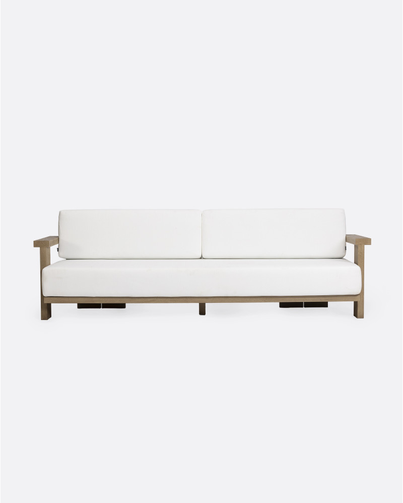 Sofá de exterior PANJANG 3/4 plazas de madera de teca y olefina reciclada 260 x 82 x 62 cm en acabado envejecido y textil blanco