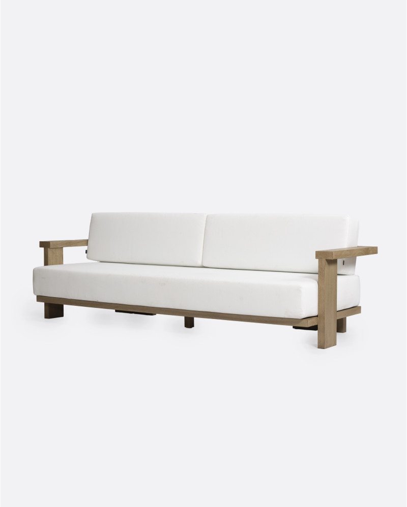 Sofá de exterior PANJANG 3/4 plazas de madera de teca y olefina reciclada 260 x 82 x 62 cm en acabado envejecido y textil blanco