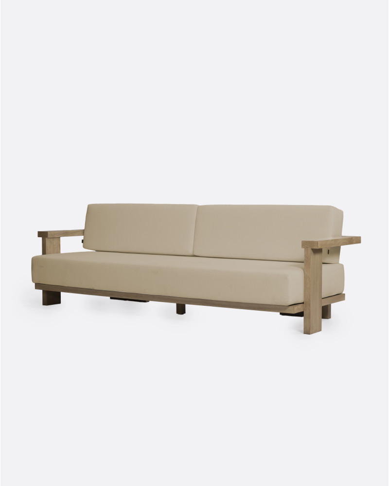 PANJANG 3/4-seater outdoor sofa in teak wood 260 x 82 x 62 cm in weathered finish and natural upholstery