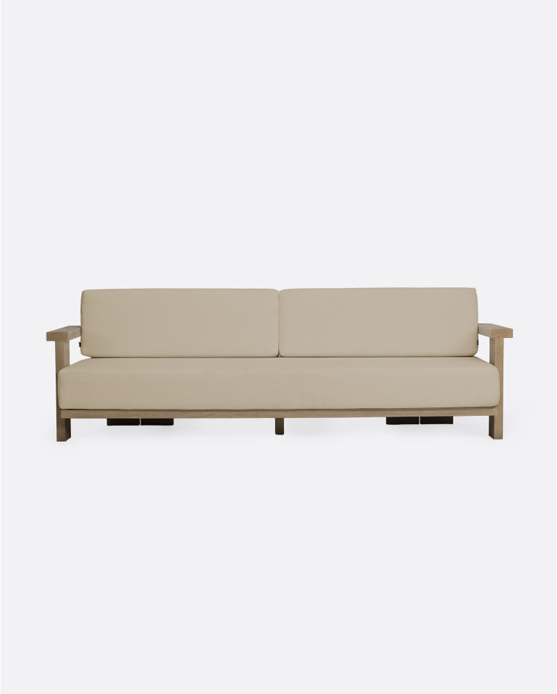 PANJANG 3/4-seater outdoor sofa in teak wood 260 x 82 x 62 cm in weathered finish and natural upholstery