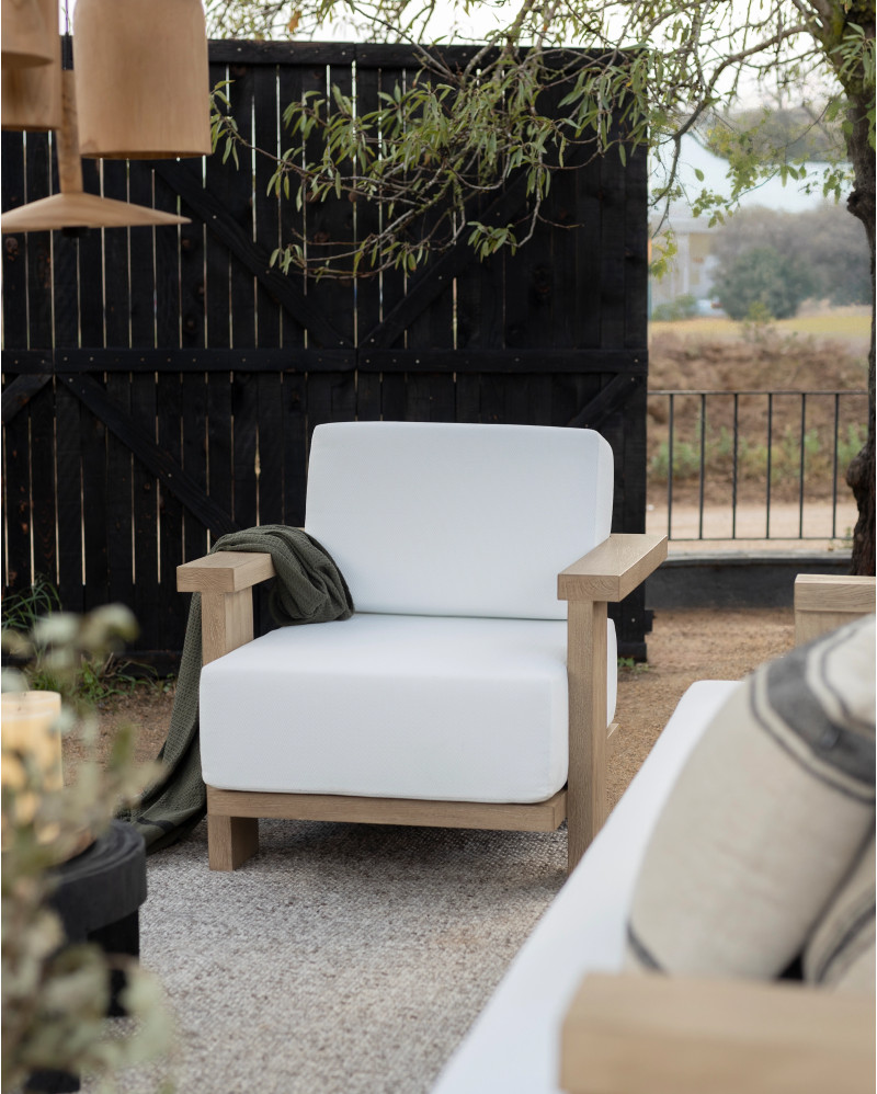 PANJANG 1-seater outdoor sofa in teak wood 88 x 83 x 62 cm in weathered finish and white textile