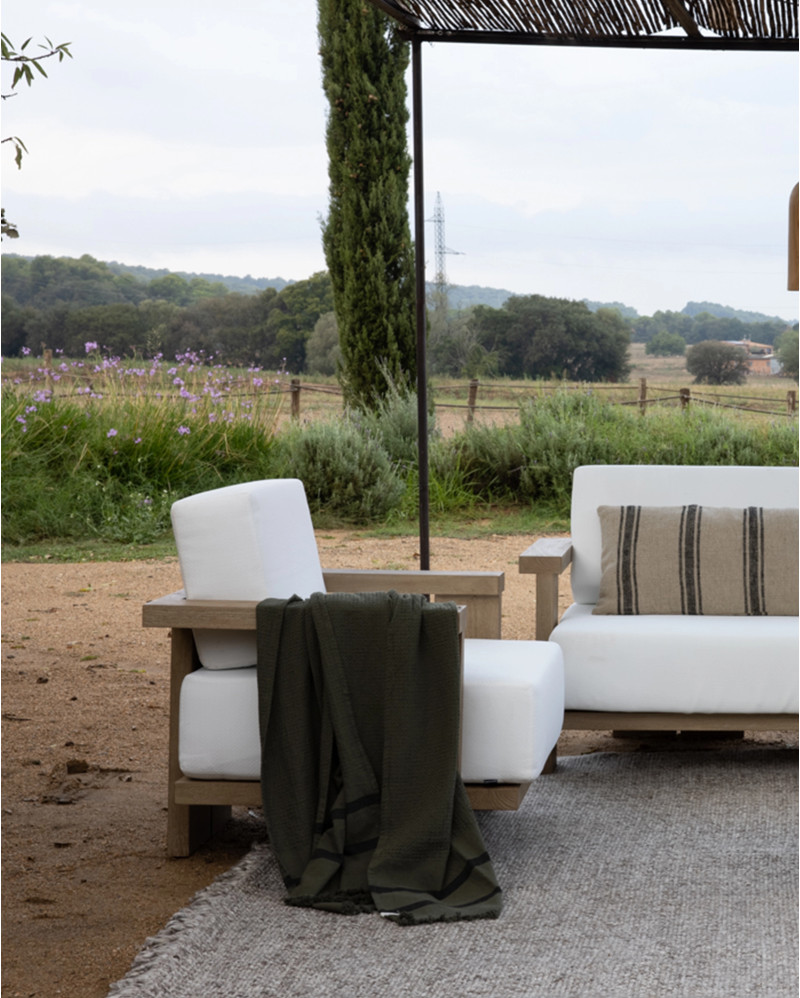 SELMA 2/3-seater outdoor sofa in teak wood 170 x 83 x 67 cm in natural colour and white upholstery