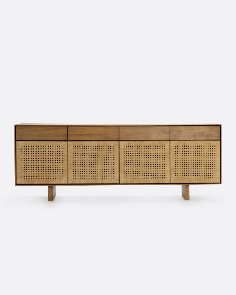 Buffet CORA en bois de teck recyclé et corde de papier 220 x 45 x 82 cm avec pieds en bois