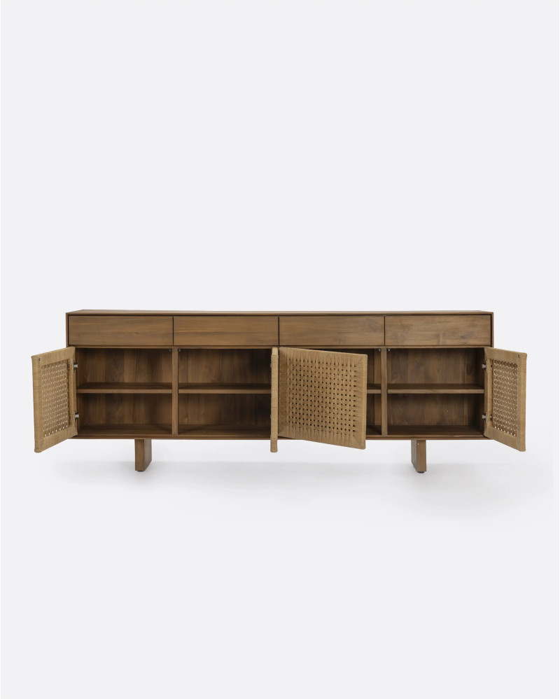 Buffet CORA en bois de teck recyclé et corde de papier 220 x 45 x 82 cm avec pieds en bois